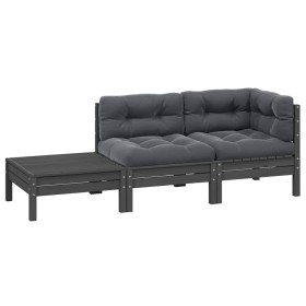 Juego muebles de jardín 3 pzas cojines gris madera pino maciza Juego muebles de jardín 3 pzas cojines gris madera pino maciza