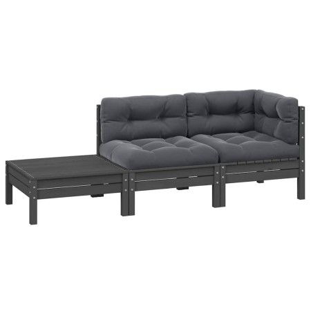 Juego muebles de jardín 3 pzas cojines gris madera pino maciza