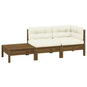 Muebles de jardín 3 piezas madera maciza pino con cojines crema