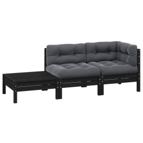 Juego muebles jardín 3 pzas y cojines negro madera pino maciza Juego muebles jardín 3 pzas y cojines negro madera pino maciza