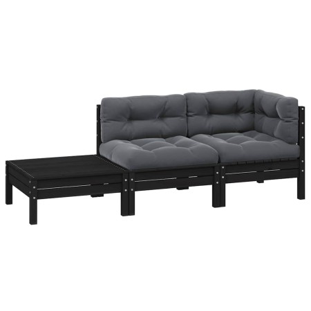 Juego muebles jardín 3 pzas y cojines negro madera pino maciza