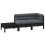 Juego muebles jardín 3 pzas y cojines negro madera pino maciza