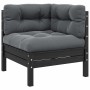 Juego muebles jardín 3 pzas y cojines negro madera pino maciza