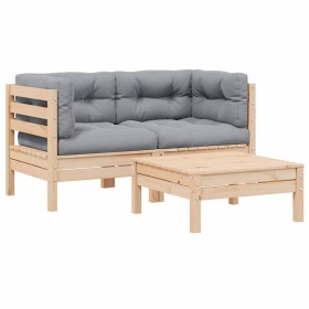 Juego muebles de jardín 3 pzas cojines gris madera pino maciza Juego muebles de jardín 3 pzas cojines gris madera pino maciza