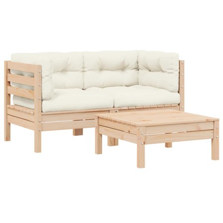Muebles de jardín 3 piezas madera maciza pino con cojines crema