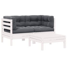 Juego de muebles de jardín 3 pzas y cojines blanco madera pino Juego de muebles de jardín 3 pzas y cojines blanco madera pino