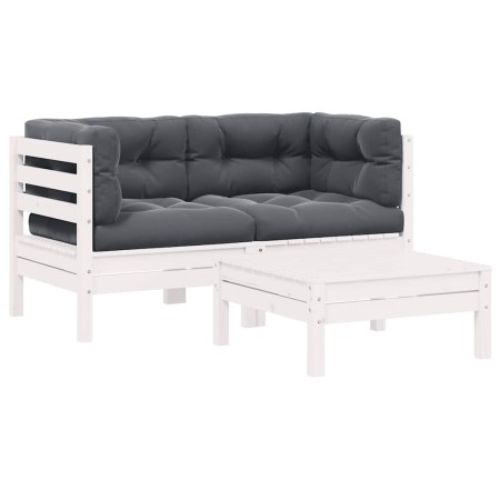 Juego de muebles de jardín 3 pzas y cojines blanco madera pino
