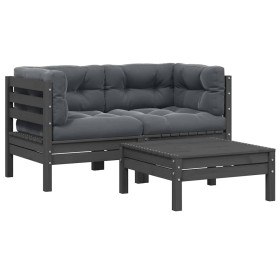 Juego muebles de jardín 3 pzas cojines gris madera pino maciza