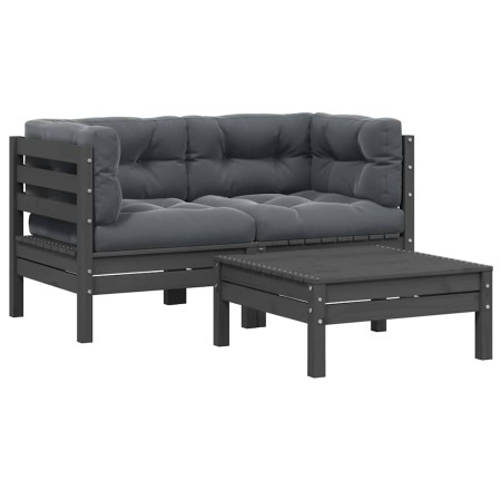 Juego muebles de jardín 3 pzas cojines gris madera pino maciza