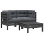 Juego muebles de jardín 3 pzas cojines gris madera pino maciza