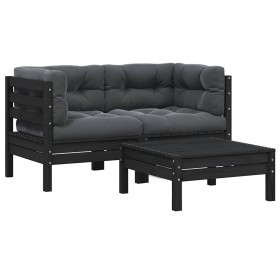 Juego muebles de jardín 3 pzas cojines negro madera pino maciza Juego muebles de jardín 3 pzas cojines negro madera pino maciza