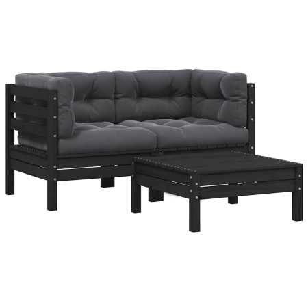 Juego muebles de jardín 3 pzas cojines negro madera pino maciza