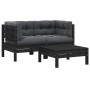 Juego muebles de jardín 3 pzas cojines negro madera pino maciza