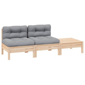 Juego de muebles de jardín 3 pzas con cojines gris madera pino Juego de muebles de jardín 3 pzas con cojines gris madera pino