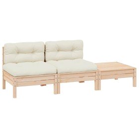 Muebles de jardín 3 piezas madera maciza pino con cojines crema Muebles de jardín 3 piezas madera maciza pino con cojines crema