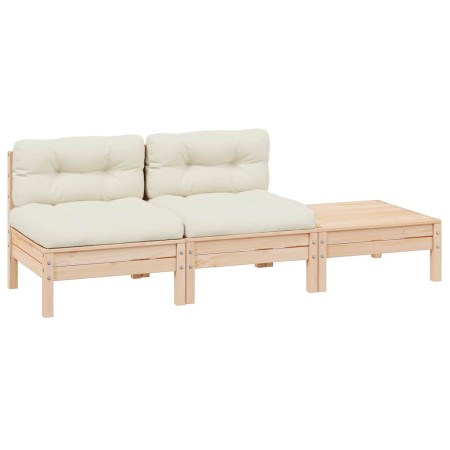 Muebles de jardín 3 piezas madera maciza pino con cojines crema