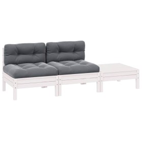 Muebles de jardín 3 pzas y cojines blanco madera maciza pino Muebles de jardín 3 pzas y cojines blanco madera maciza pino