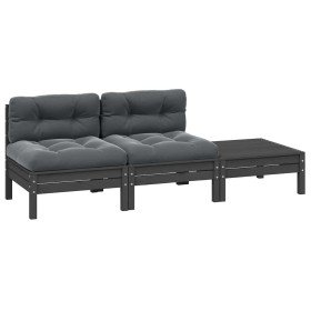Juego muebles de jardín 3 pzas cojines gris madera pino maciza