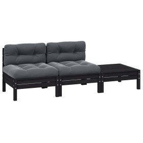 Juego muebles de jardín 3 pzas cojines negro madera pino maciza