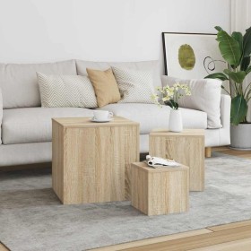 Mesas auxiliares 3 pzas madera contrachapada color roble Sonoma Mesas auxiliares 3 pzas madera contrachapada color roble Sonoma