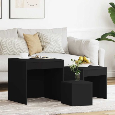 Mesas apilables 3 piezas madera contrachapada negro