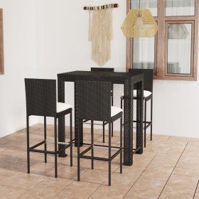 Set muebles bar jardín 5 piezas y cojines ratán sintético negro