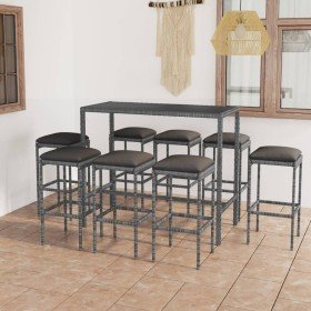 Set muebles bar jardín 9 piezas y cojines ratán sintético gris en Conjuntos de jardín | Comprar online en Foro24