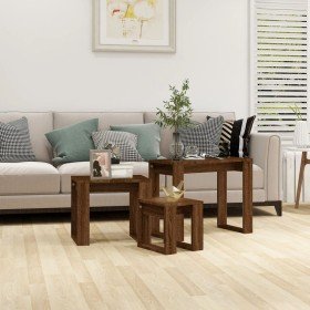Mesas apilables 3 pzas madera contrachapada color roble marrón Mesas apilables 3 pzas madera contrachapada color roble marrón
