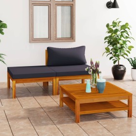 Muebles de jardín 3 pzas con cojines madera acacia gris oscuro