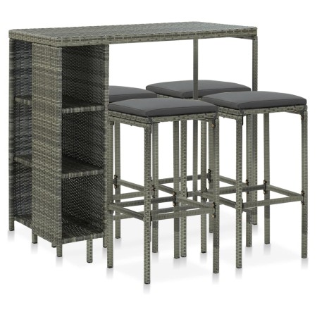 Set de bar para jardín 5 piezas y cojines ratán sintético gris