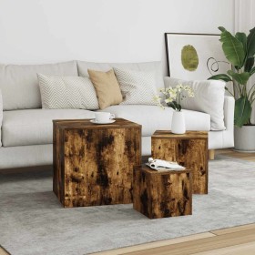 Mesitas auxiliares 3 piezas madera contrachapada roble ahumado Mesitas auxiliares 3 piezas madera contrachapada roble ahumado