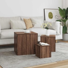 Mesitas auxiliares 3 piezas madera contrachapada marrón roble Mesitas auxiliares 3 piezas madera contrachapada marrón roble