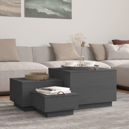 Cajas de almacenaje con tapa 3 pzas madera maciza pino gris