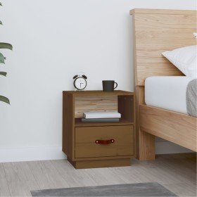 Mesita de noche madera maciza de pino marrón miel 40x34x45 cm Mesita de noche madera maciza de pino marrón miel 40x34x45 cm