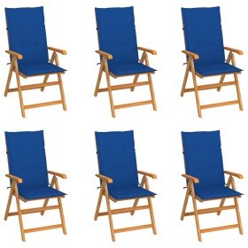 Sillas de jardín 6 uds madera maciza de teca cojines azul royal
