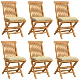 Sillas de jardín 6 uds madera de teca con cojines blanco crema en Sillas de jardín | Comprar online en Foro24