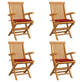 Sillas de jardín 4 uds madera maciza de teca con cojines rojos
