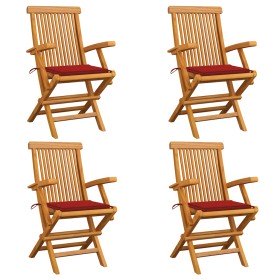 Sillas de jardín 4 uds madera maciza de teca con cojines rojos