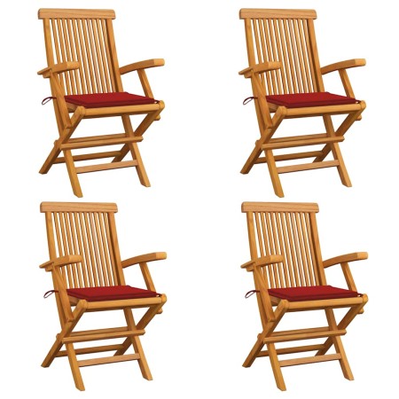 Sillas de jardín 4 uds madera maciza de teca con cojines rojos