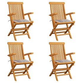 Sillas de jardín 4 uds madera teca con cojines a cuadros grises