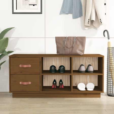 Banco zapatero madera maciza de pino marrón miel 100x34x45 cm