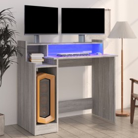 Escritorio con LED madera contrachapada gris sonoma 97x45x90 cm Escritorio con LED madera contrachapada gris sonoma 97x45x90 cm