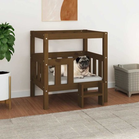 Cama para perros madera maciza pino marrón miel 65,5x50,5x70 cm