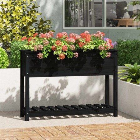 Jardinera con estante madera maciza pino negro 111,5x34,5x81 cm