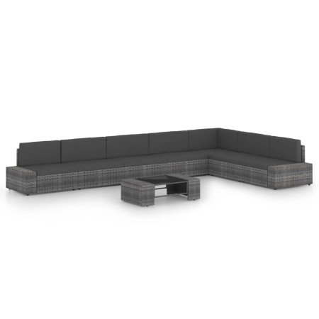 Juego muebles de jardín 8 pzas y cojines ratán sintético gris