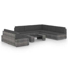 Juego muebles de jardín 8 pzas y cojines ratán sintético gris