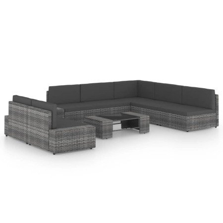 Juego muebles de jardín 8 pzas y cojines ratán sintético gris