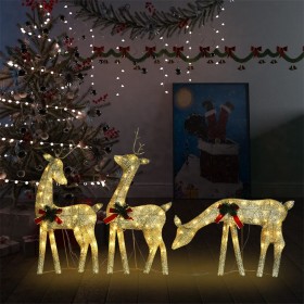Familia renos de Navidad malla dorada blanco cálido 270x7x90 cm