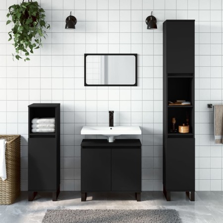 Armario de baño madera contrachapada negro 30x30x190 cm en Tocadores de baño | Comprar online en Foro24