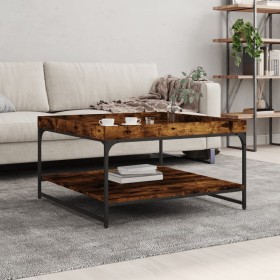 Mesa de centro madera ingeniería y hierro roble humo 80x80x45cm Mesa de centro madera ingeniería y hierro roble humo 80x80x45cm